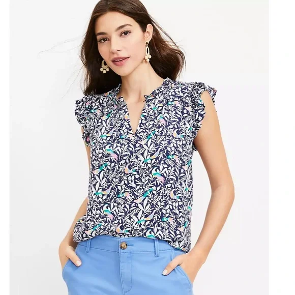 Ann Taylor LOFT Boho Floral Ruffle Split Neck Shell Blouse - Picture 2 of 8